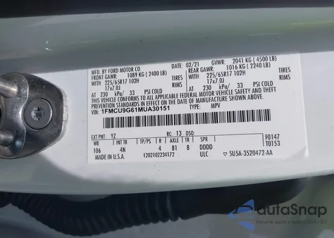 2021 Ford Escape Se из США, поврежденный, VIN 1FMCU9G61MUA30151